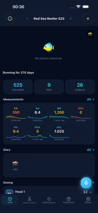 Reef Lab Becken-Dashboard mit Volumen, Fisch- und Korallenzahl sowie den Wasserwerten KH, Calcium, Magnesium und Nitrat