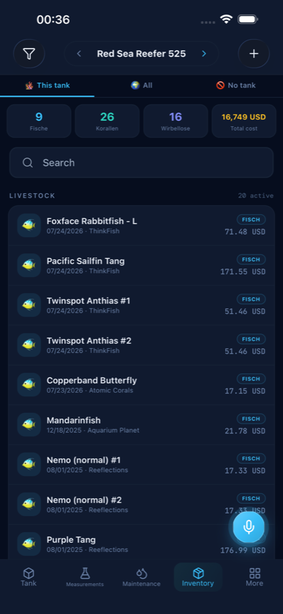 Inventar in Reef Lab mit Anzahl Fische, Korallen und Wirbellose sowie den Gesamtkosten des Beckens